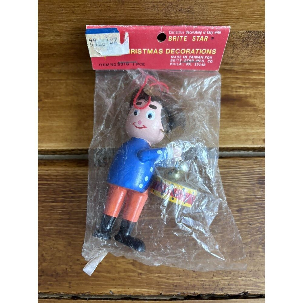 Vintage Brite Star Wooden Drummer Boy 1970s Christmas Ornament‎ Blue NOS READ